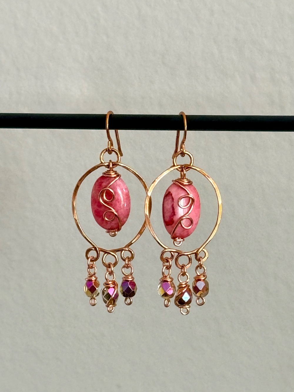 ✨ Handmade Artisan Copper & Pink Agate Dangle Earrings ✨